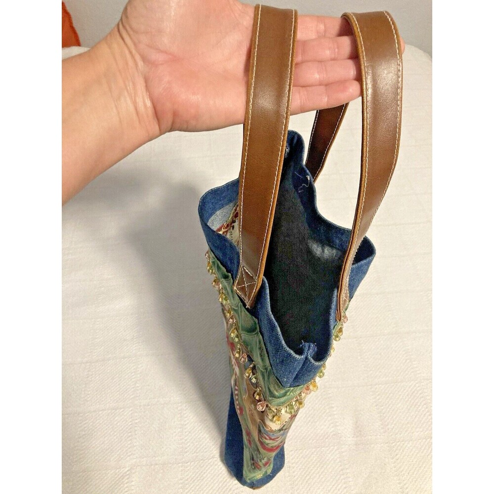 CHRISTMAS Santa Snowman Denim Tote Purse Bag with Beads Vintage 12x12x2-3/4 - Picture 4 of 5